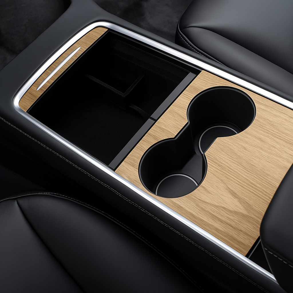 Närbild på en Tesla Model 3/Y centerkonsol med träfinish-wrap installerad