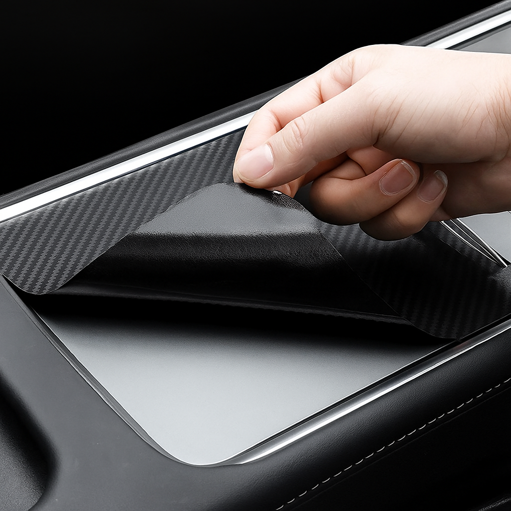 Hand som applicerar en kolfiber-wrap på Tesla centerkonsol