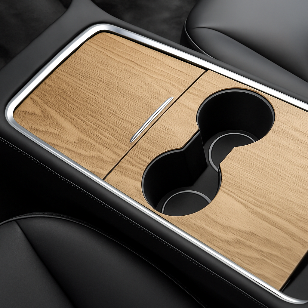 Trädesign-wrap installerad på Tesla Model 3/Y centerkonsol för elegant look