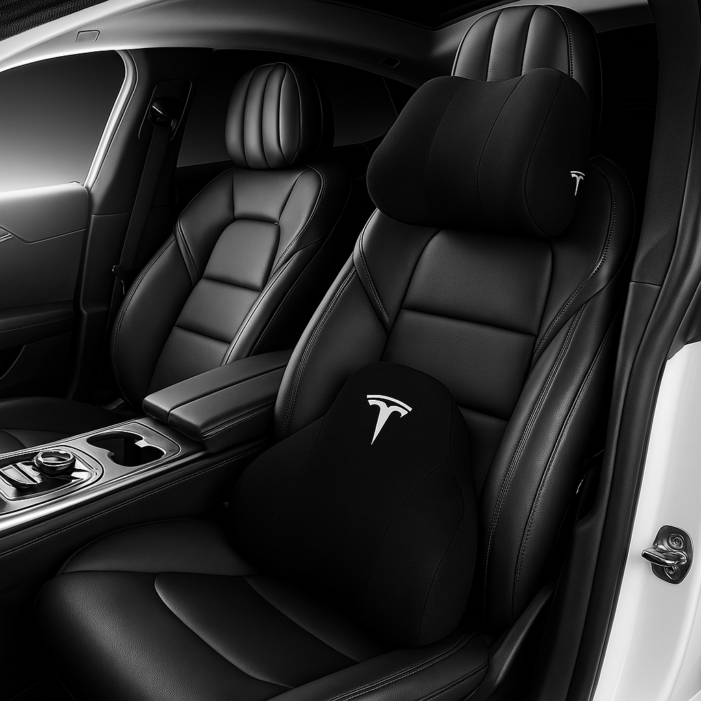 Svart nack- och svankkudde i memory foam monterade i Tesla Model 3 – ergonomiskt stöd för rygg och nacke