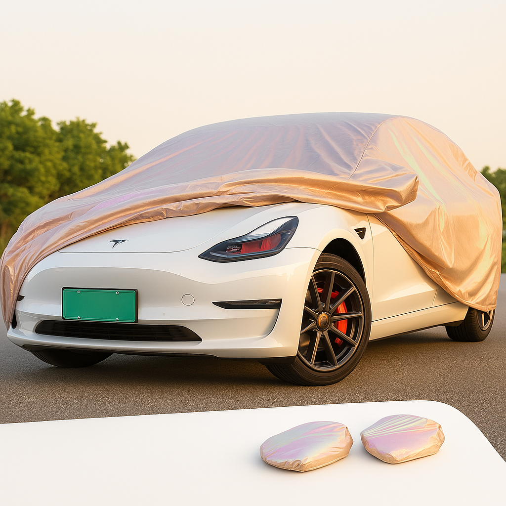 Beige bilöverdrag på Tesla Model 3 – skydd mot sol, regn och smuts