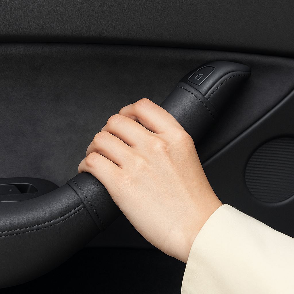 Svart läderskydd monterat på inre dörrhandtag – Tesla Model 3