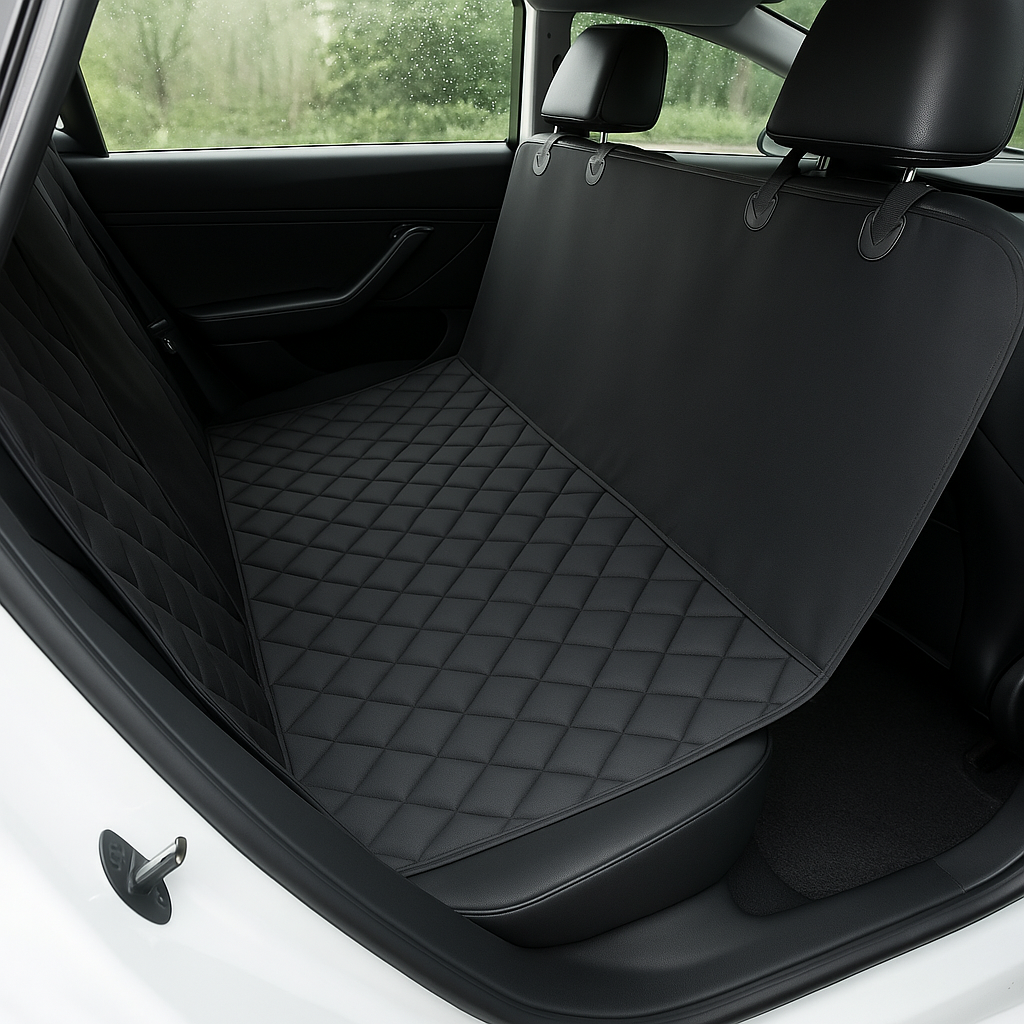 Vattentätt baksätesskydd för hund i svart quiltad design i en Tesla
