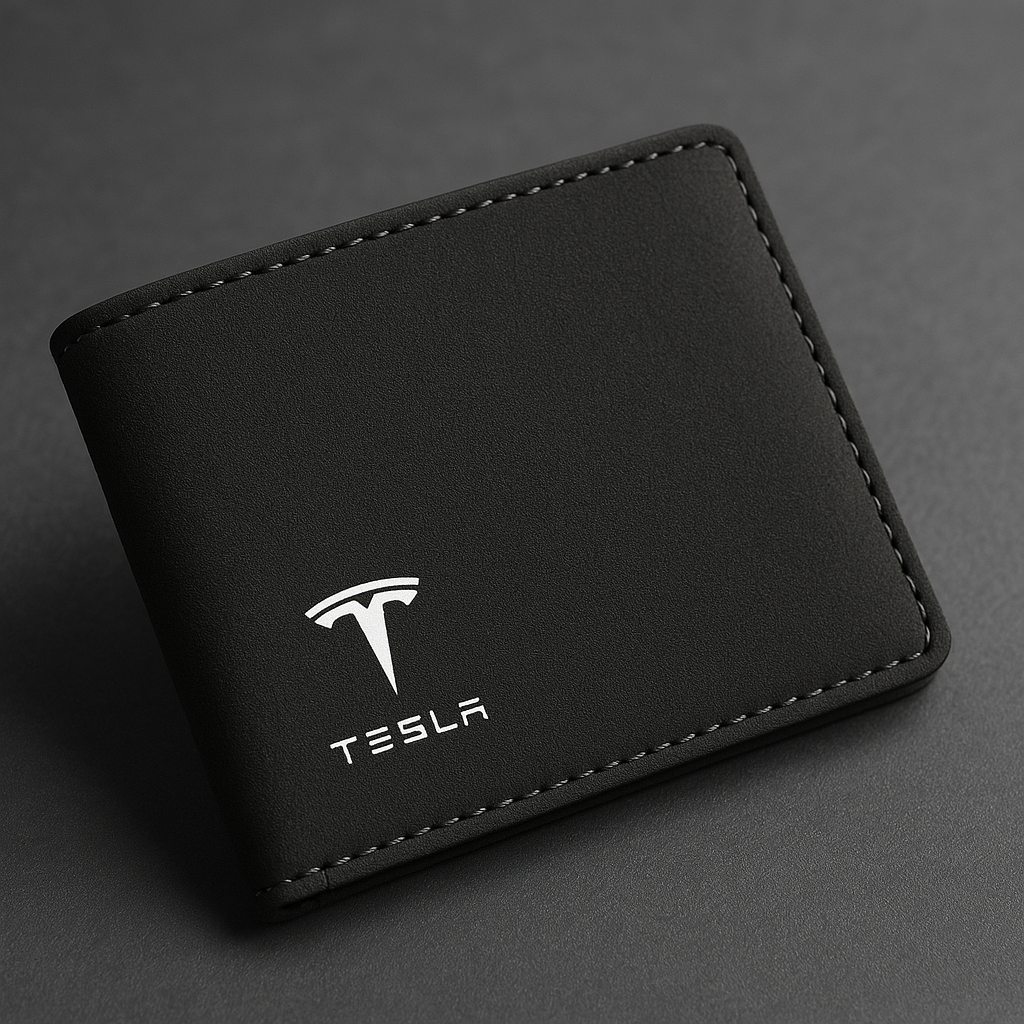 Svart korthållare med Tesla-logga i PU-läder och RFID-skydd
