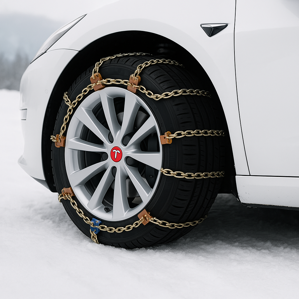 Snökedjor monterade på Tesla – förstärkt stålkedja för grepp på snö och is
