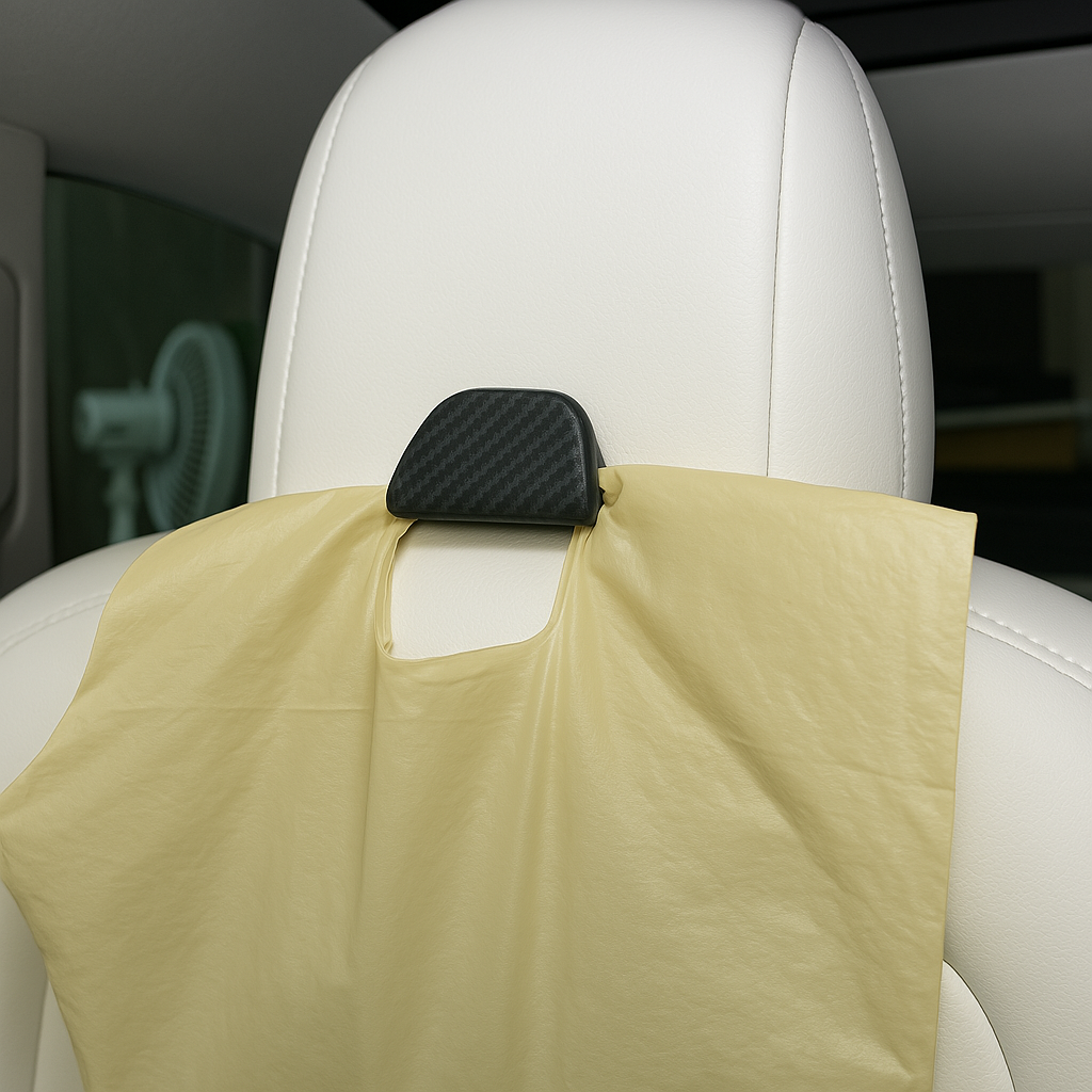 Svart krok monterad på vitt nackstöd i Tesla Model 3/Y – håller plastpåse
