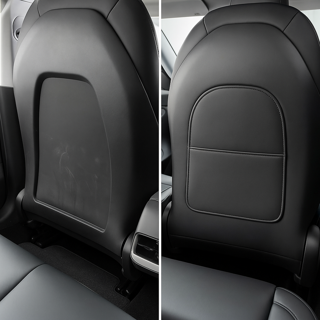 Jämförelse före och efter montering av sparkskydd på sätesryggen i Tesla

