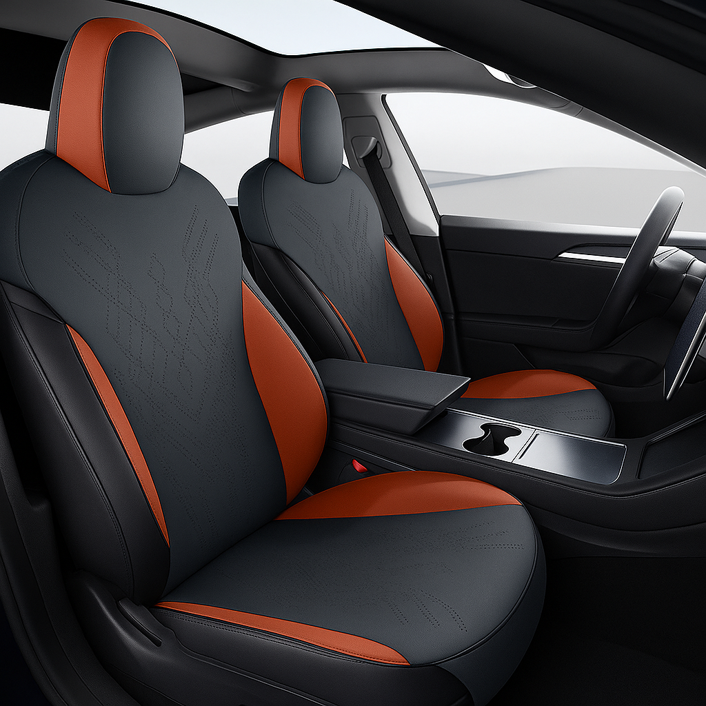 Tesla Model 3/Y säteskydd med orange detaljer – sportig och stilren design