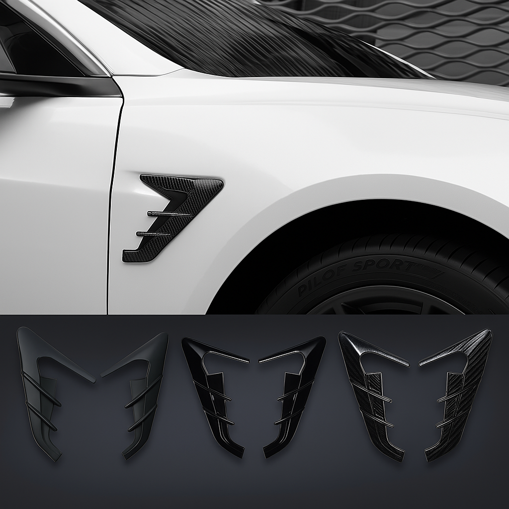 Thunder side camera cover monterad på Tesla Model 3/Y – kolfiberdesign med sportigt utseende