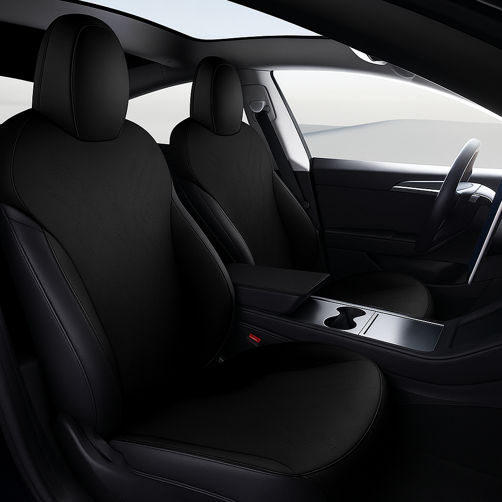 Svart ultratunt säteskydd för Tesla Model 3/Y – elegant passform framtill