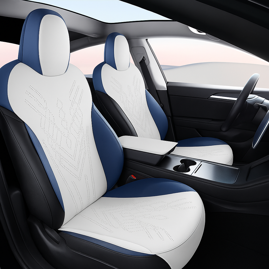 Ultratunna vita säteskydd till Tesla Model 3/Y – passar perfekt i ljus interiör